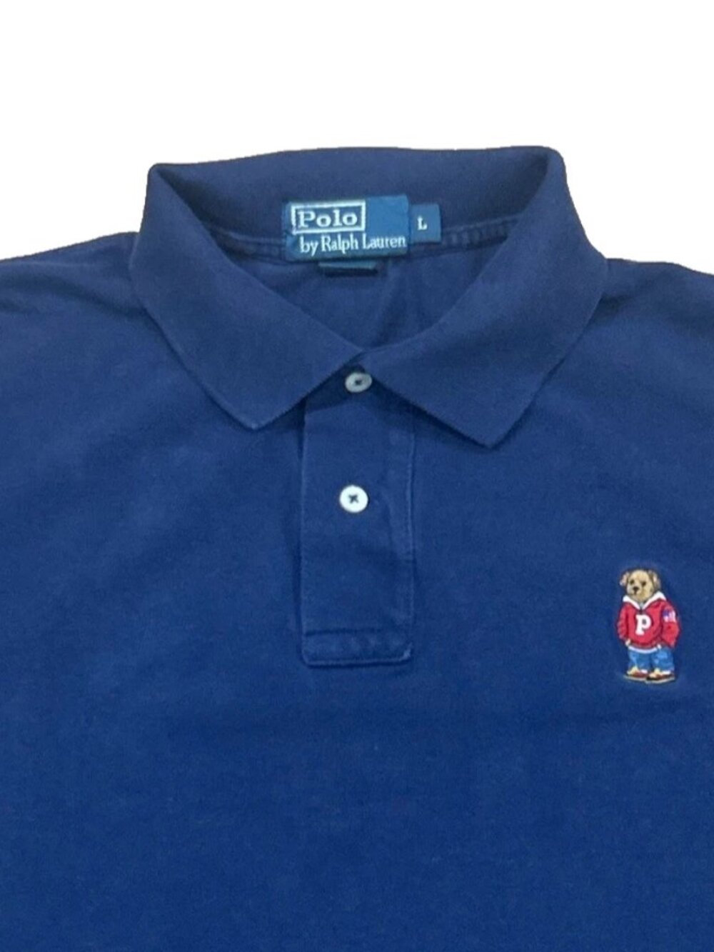 Vtg Polo Ralph Lauren Polo Bear Shirt Mens Large Navy Embroidered Logo Pique